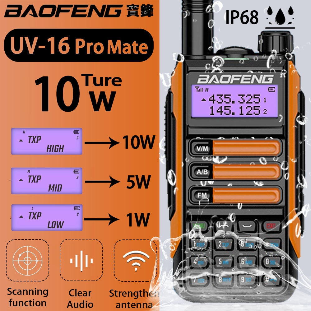 2022 BaoFeng UV-16 Pro Mate 10w High Power Walkie Talkie TYPE-C Charger Long Range Waterproof UV16 Transceiver Ham Two Way Radio | Caffeine Airsoft